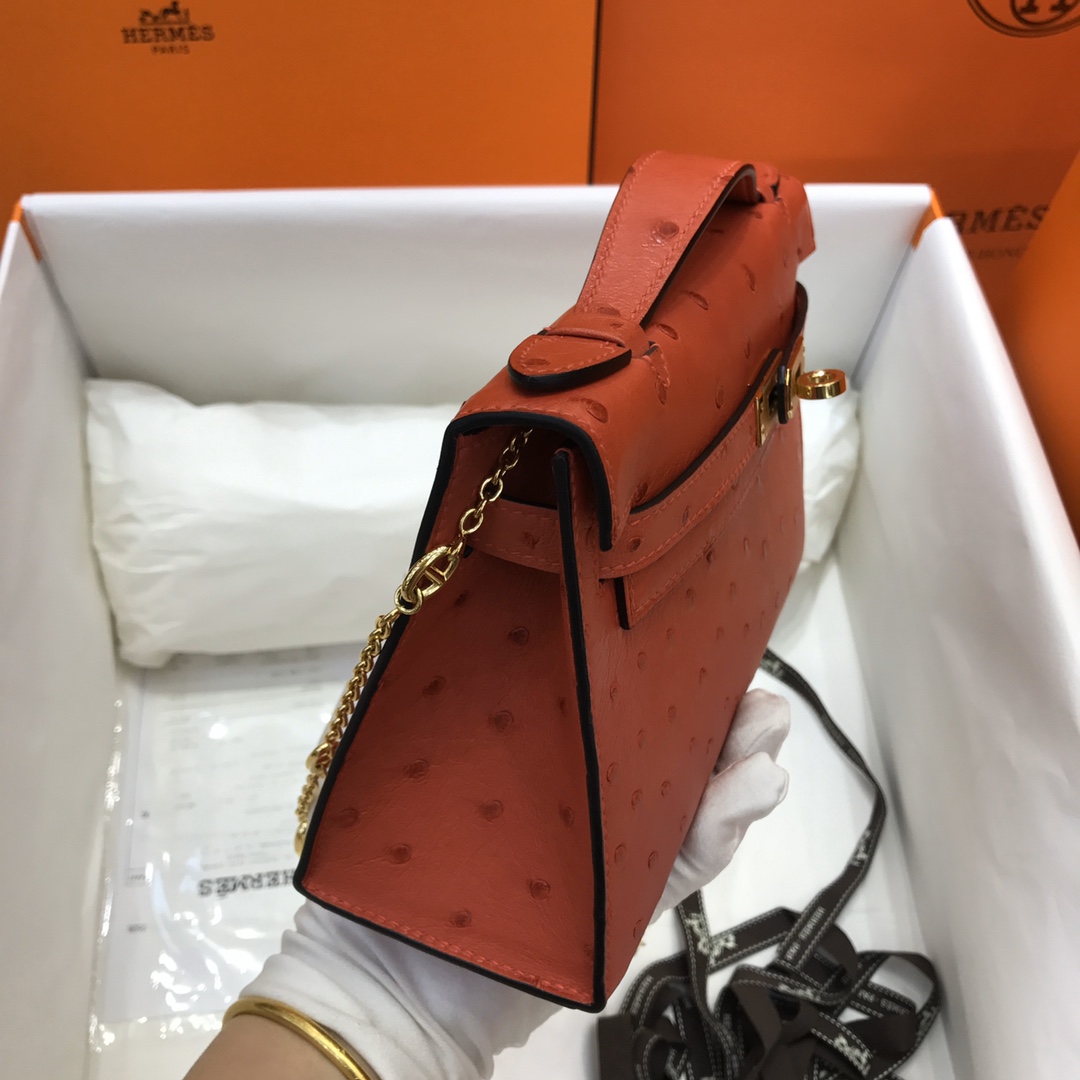 Hermes Mini Kelly Pochette 22cm Bag In Rogue Red Ostrich Leather